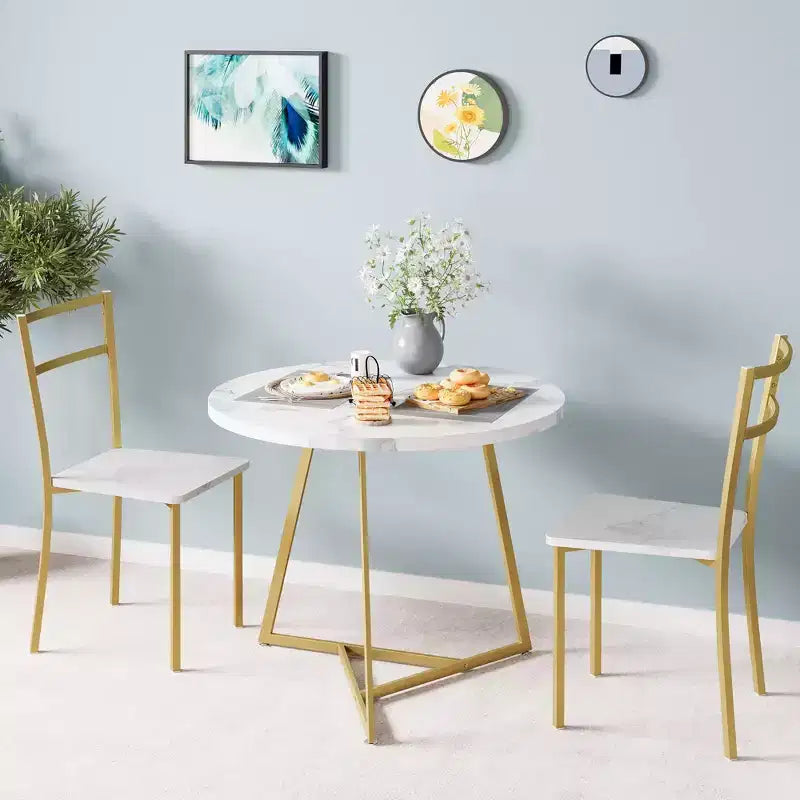 Ensemble table de cuisine ronde pour 2 personnes - Table à manger moderne avec 2 chaises, cadre en métal pour petits espaces, appartement