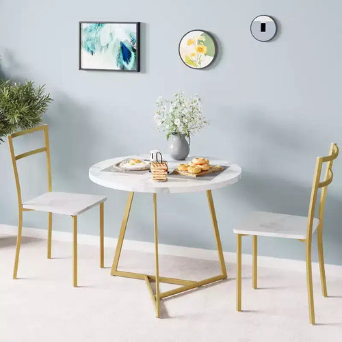 Ensemble table de cuisine ronde pour 2 personnes - Table à manger moderne avec 2 chaises, cadre en métal pour petits espaces, appartement