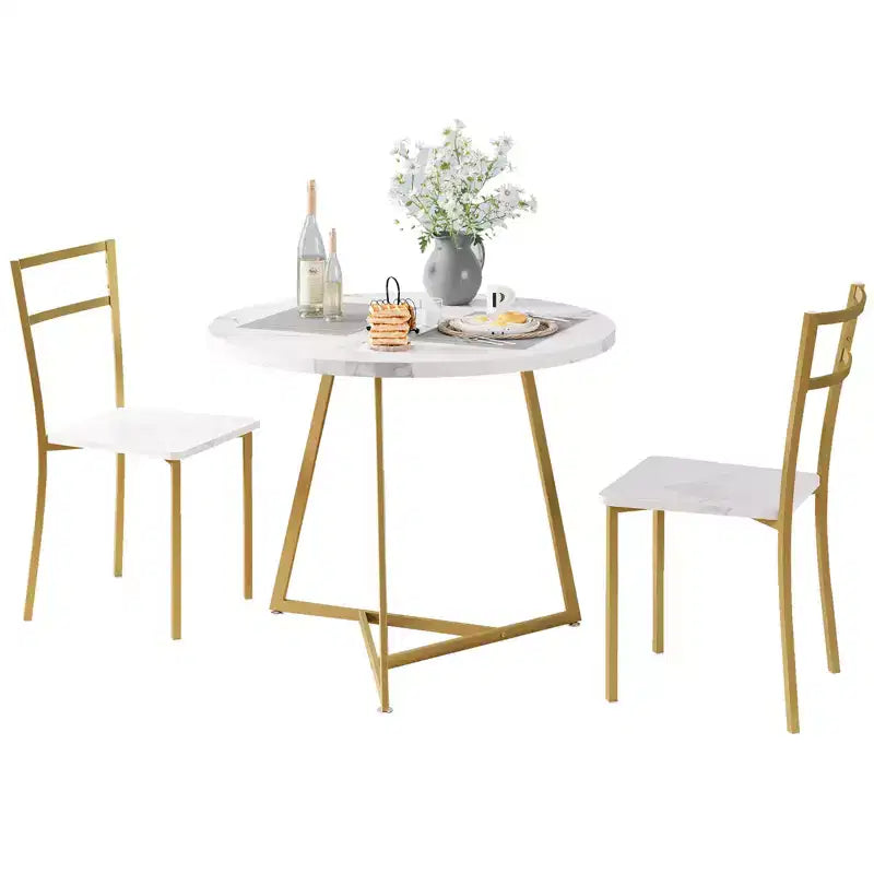 Ensemble table de cuisine ronde pour 2 personnes - Table à manger moderne avec 2 chaises, cadre en métal pour petits espaces, appartement