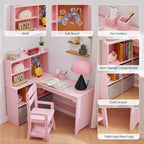 Bureau d'étude pour enfants avec chaise, ensemble de table d'angle, grand rangement, tableau d'affichage et porte-stylos, table d'écriture artistique ergonomique pour les 3-12 ans
