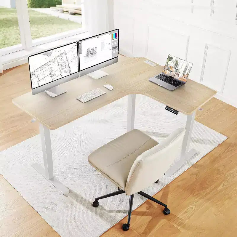 HUANUO Bureau debout en L à deux moteurs de 63 po, prises de courant intégrées, bureau d'angle électrique réglable en hauteur, bureau assis-debout