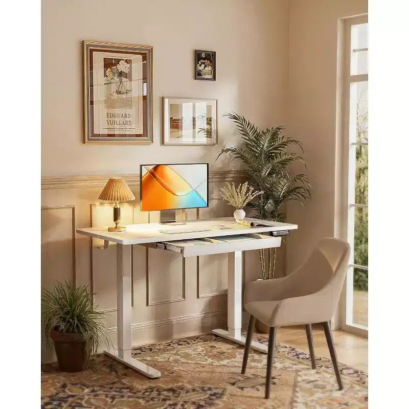 Bureau électrique debout ErGear avec tiroirs, bureau réglable en hauteur 48x24 avec 4 préréglages, table d'ordinateur pour bureau à domicile, blanc
