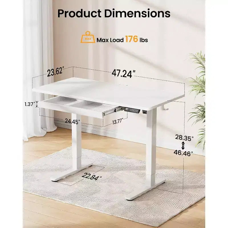 Bureau électrique debout ErGear avec tiroirs, bureau réglable en hauteur 48x24 avec 4 préréglages, table d'ordinateur pour bureau à domicile, blanc