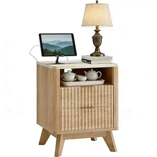 18 Small Nightstand with Charging Station, Faux Marble Top, 2 Drawer Oak Nightstand, Modern Curved Bedside Table for Bedroom/Living Room