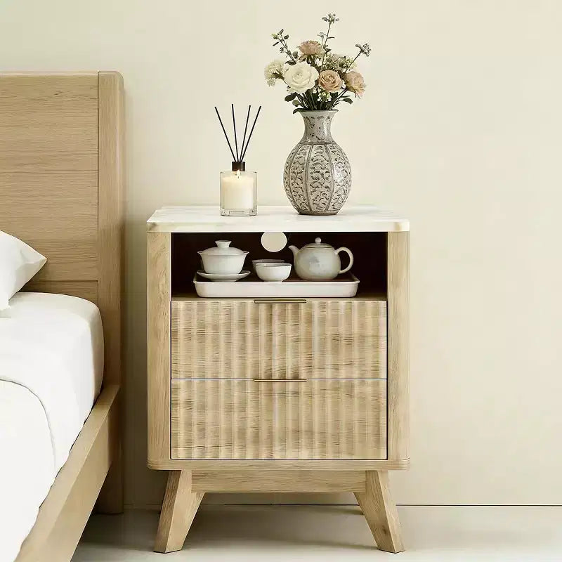 Table de chevet de 45 cm avec station de charge, plateau aspect marbre, 2 tiroirs, finition chêne, table de chevet moderne courbée pour chambre/salon
