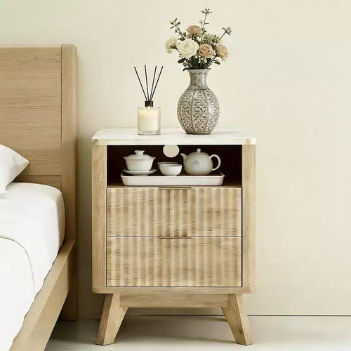 Table de chevet de 45 cm avec station de charge, plateau aspect marbre, 2 tiroirs, finition chêne, table de chevet moderne courbée pour chambre/salon