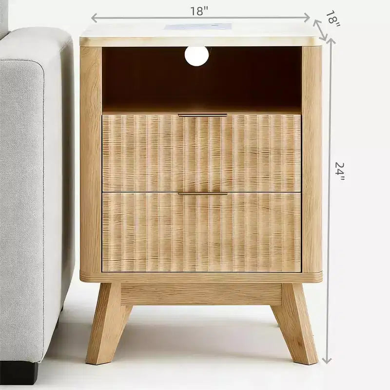 Table de chevet de 45 cm avec station de charge, plateau aspect marbre, 2 tiroirs, finition chêne, table de chevet moderne courbée pour chambre/salon