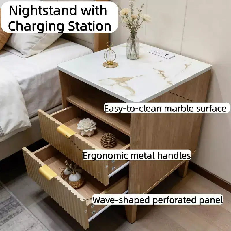 Table de chevet de 45 cm avec station de charge, plateau aspect marbre, 2 tiroirs, finition chêne, table de chevet moderne courbée pour chambre/salon
