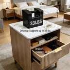 Table de chevet de 45 cm avec station de charge, plateau aspect marbre, 2 tiroirs, finition chêne, table de chevet moderne courbée pour chambre/salon