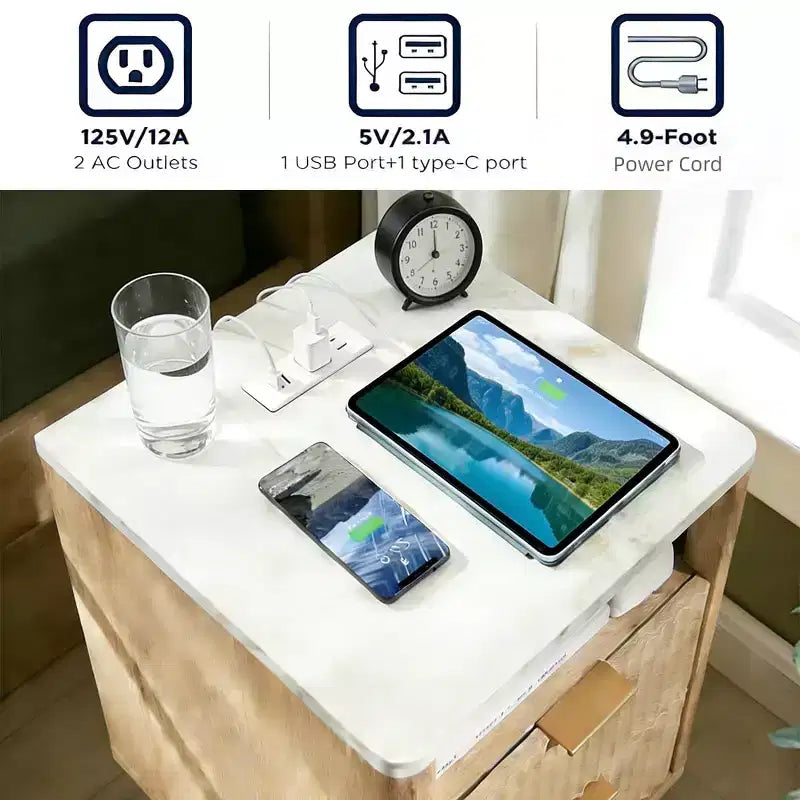 Table de chevet de 45 cm avec station de charge, plateau aspect marbre, 2 tiroirs, finition chêne, table de chevet moderne courbée pour chambre/salon