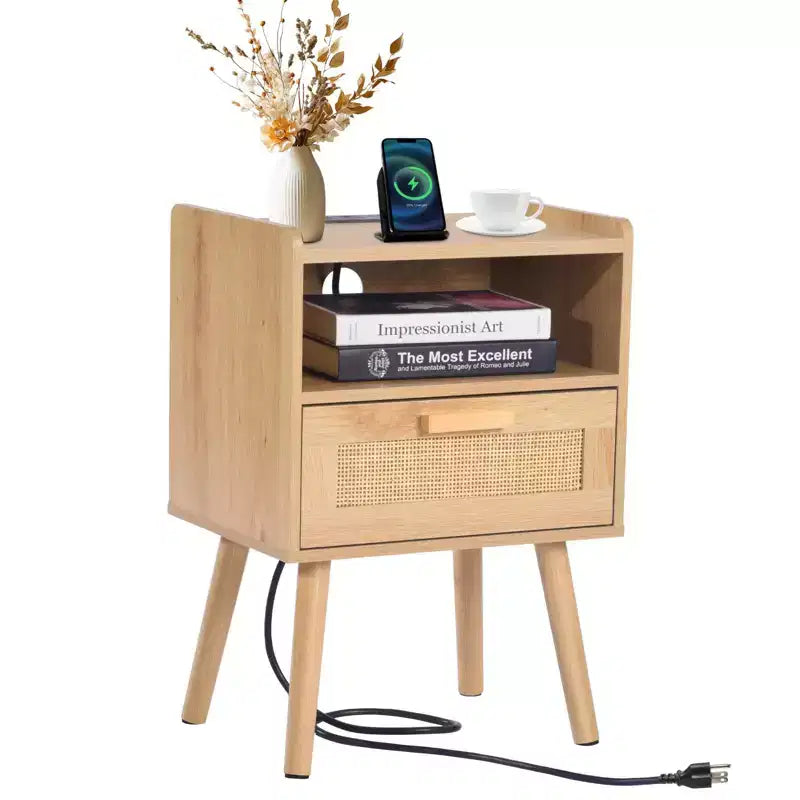 Rattan Nightstand End Table with Drawer and Open Shelf Boho Bedside Table