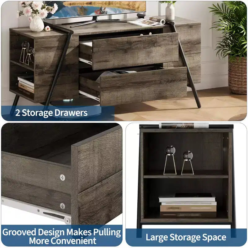 Meuble TV jusqu'à 60 pouces, Meuble TV moderne avec tiroirs de rangement et pieds en métal en forme de U, Console multimédia pour salon
