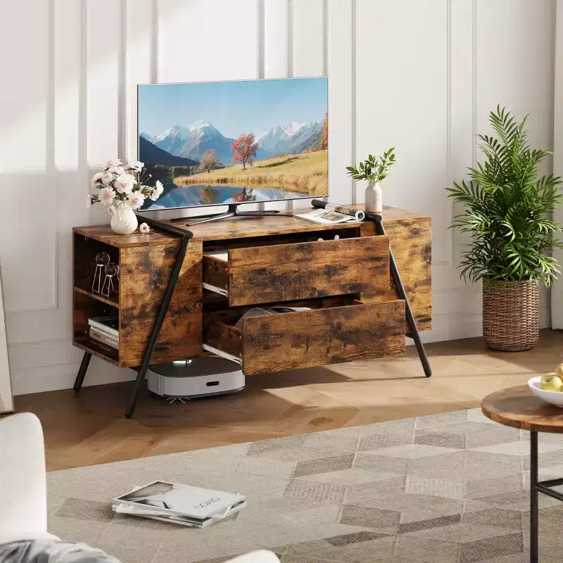 Meuble TV jusqu'à 60 pouces, Meuble TV moderne avec tiroirs de rangement et pieds en métal en forme de U, Console multimédia pour salon