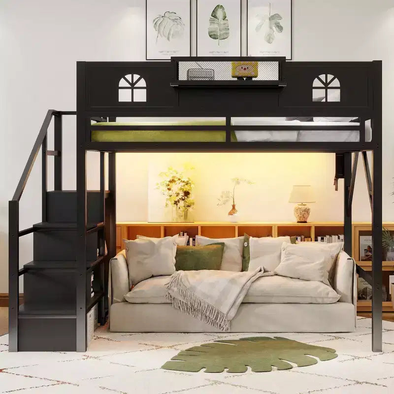 Lit mezzanine ModernLuxe double/grand format avec escalier et armoire intégrée, cadre de lit en métal avec lumières LED, station de charge USB et étagères de rangement