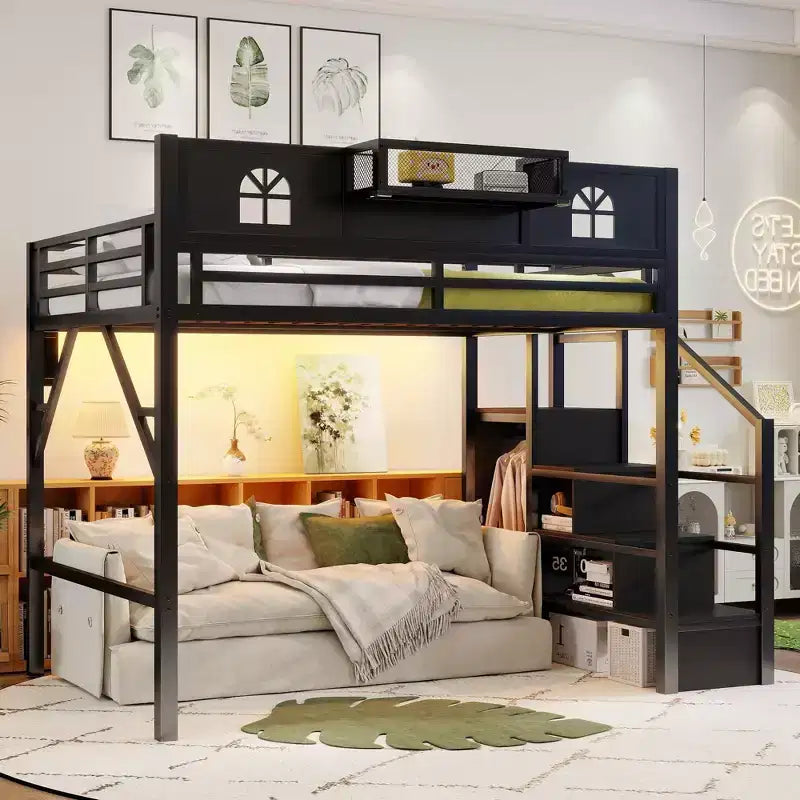 Lit mezzanine ModernLuxe double/grand format avec escalier et armoire intégrée, cadre de lit en métal avec lumières LED, station de charge USB et étagères de rangement
