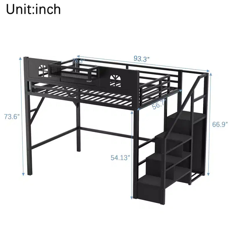Lit mezzanine ModernLuxe double/grand format avec escalier et armoire intégrée, cadre de lit en métal avec lumières LED, station de charge USB et étagères de rangement
