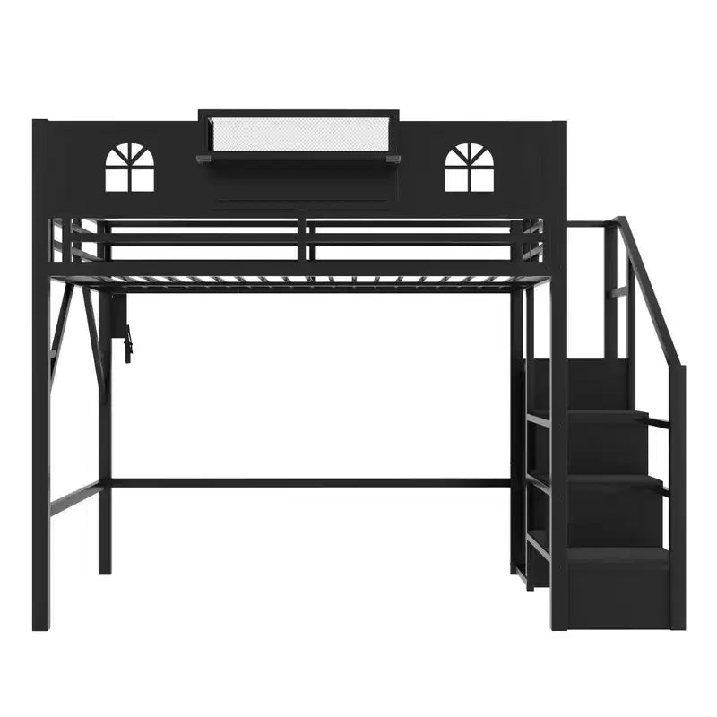 Lit mezzanine ModernLuxe double/grand format avec escalier et armoire intégrée, cadre de lit en métal avec lumières LED, station de charge USB et étagères de rangement