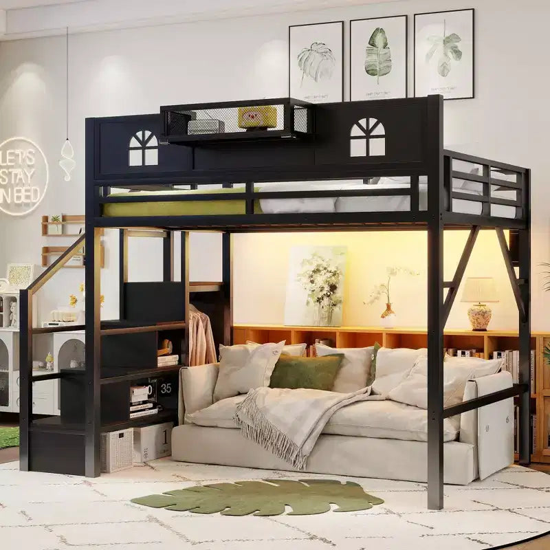 ModernLuxe Full/Queen Loft Bed with Stairs & Built-in Wardrobe, Metal Bed Frame with LED Lights, USB Charging Station & Storage Shelves