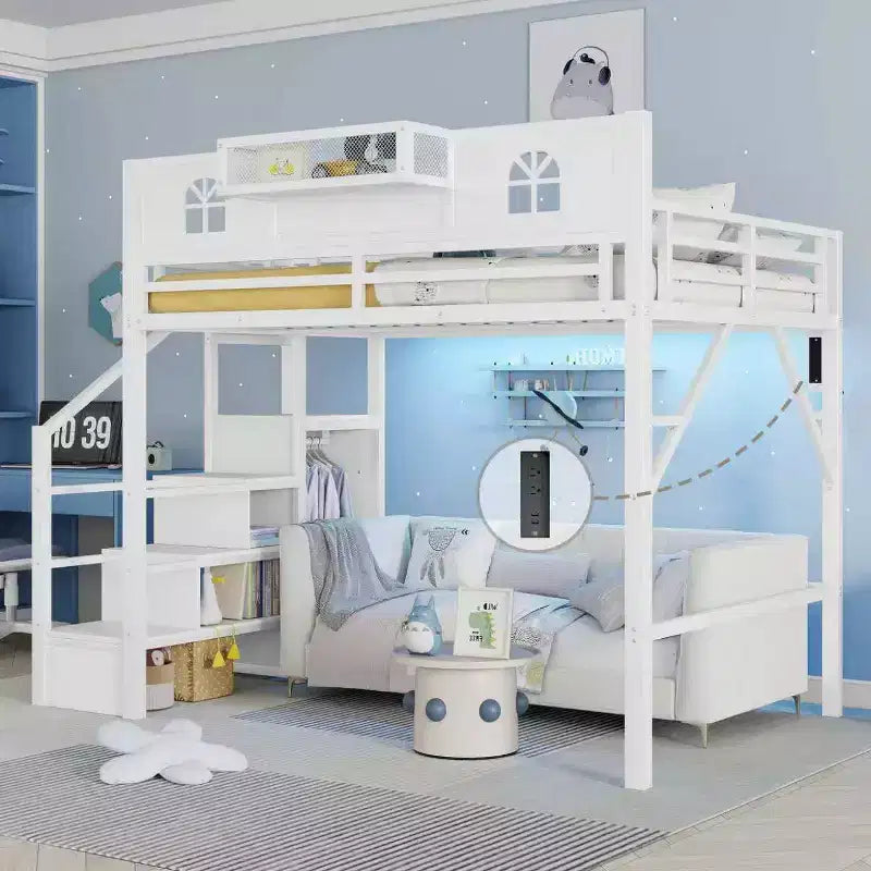 Lit mezzanine ModernLuxe double/grand format avec escalier et armoire intégrée, cadre de lit en métal avec lumières LED, station de charge USB et étagères de rangement