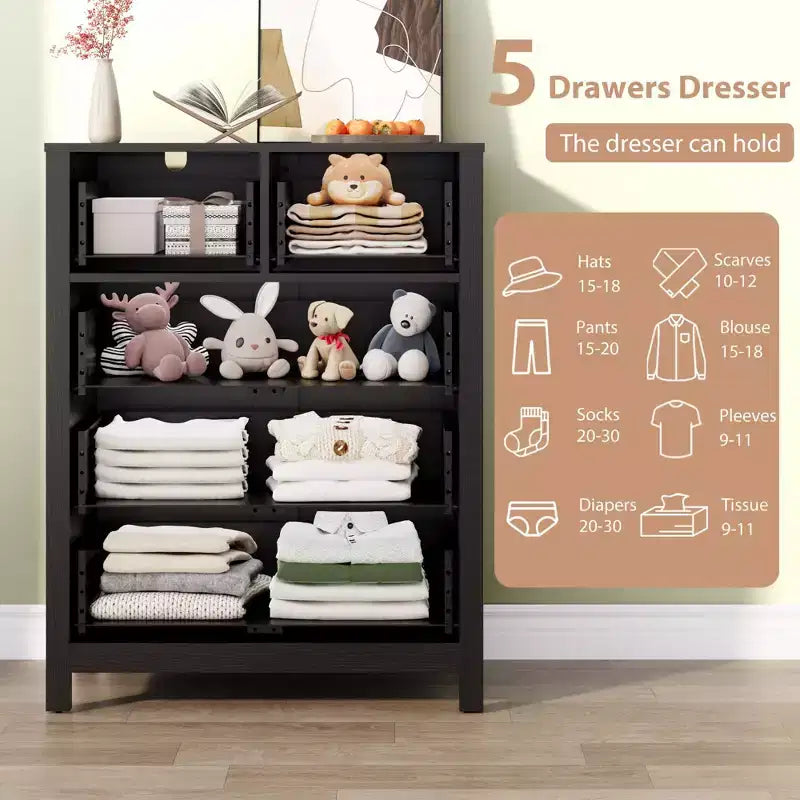 Commode en chêne naturel pour chambre à coucher, commode à 5 tiroirs profonds, commode double moderne en bois pour chambre d'enfant, entrée, couloir