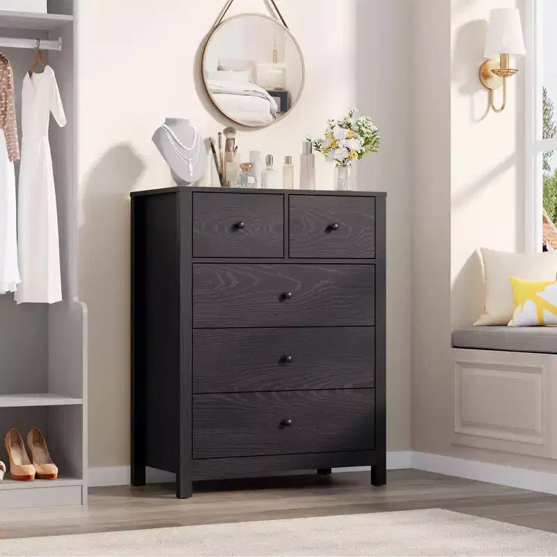 Commode en chêne naturel pour chambre à coucher, commode à 5 tiroirs profonds, commode double moderne en bois pour chambre d'enfant, entrée, couloir