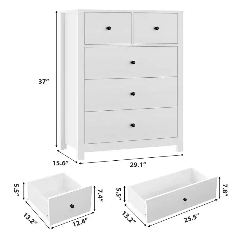 Commode en chêne naturel pour chambre à coucher, commode à 5 tiroirs profonds, commode double moderne en bois pour chambre d'enfant, entrée, couloir