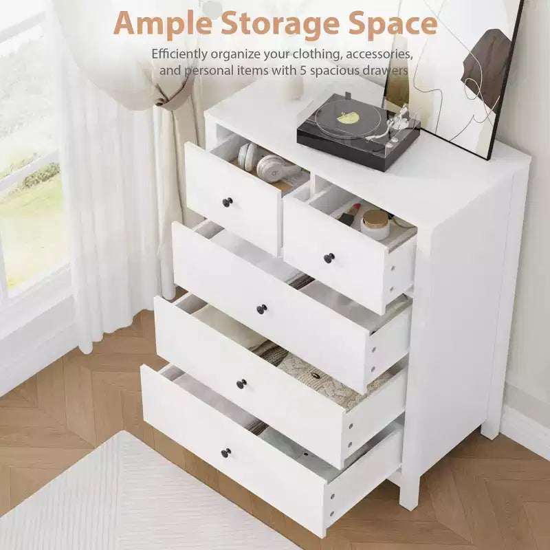 Commode en chêne naturel pour chambre à coucher, commode à 5 tiroirs profonds, commode double moderne en bois pour chambre d'enfant, entrée, couloir
