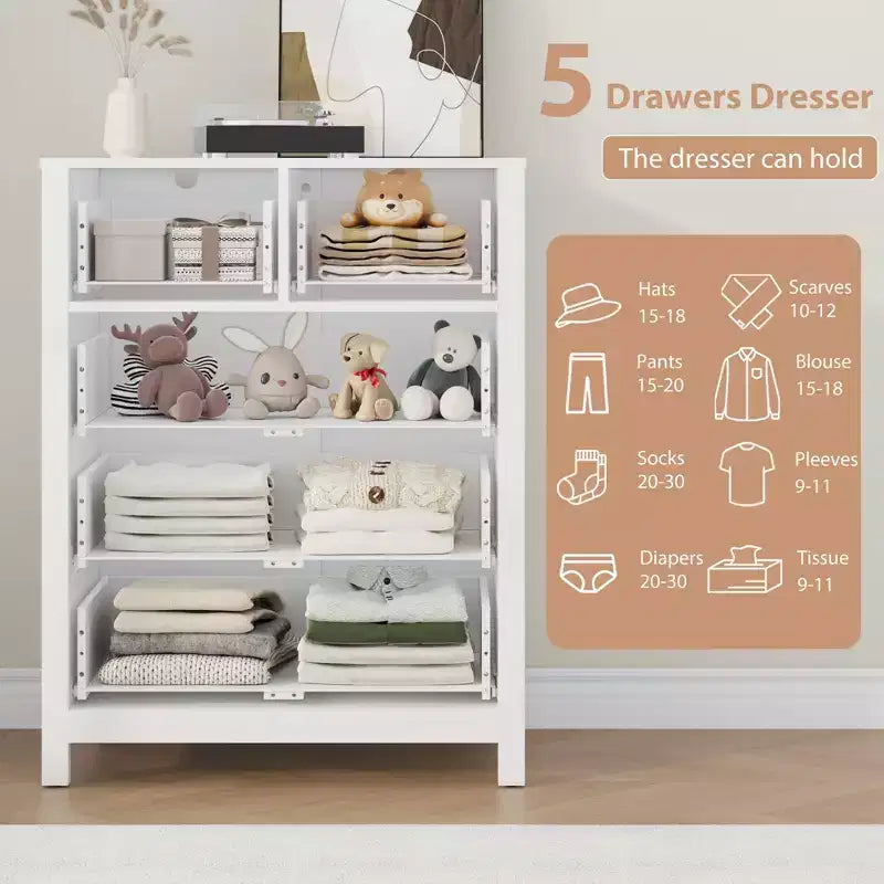 Commode en chêne naturel pour chambre à coucher, commode à 5 tiroirs profonds, commode double moderne en bois pour chambre d'enfant, entrée, couloir