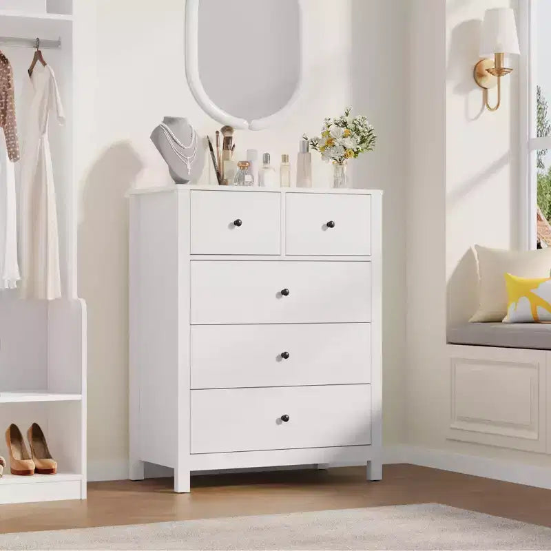 Commode en chêne naturel pour chambre à coucher, commode à 5 tiroirs profonds, commode double moderne en bois pour chambre d'enfant, entrée, couloir