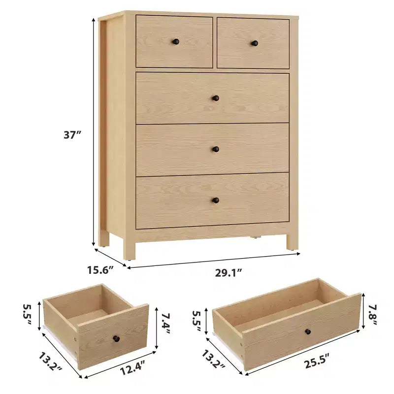 Commode en chêne naturel pour chambre à coucher, commode à 5 tiroirs profonds, commode double moderne en bois pour chambre d'enfant, entrée, couloir