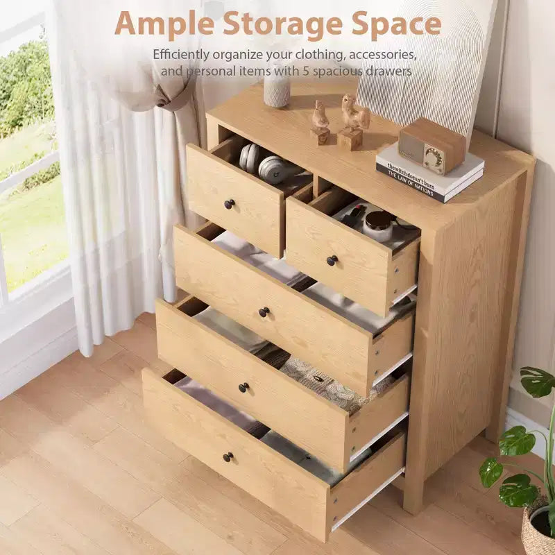 Commode en chêne naturel pour chambre à coucher, commode à 5 tiroirs profonds, commode double moderne en bois pour chambre d'enfant, entrée, couloir