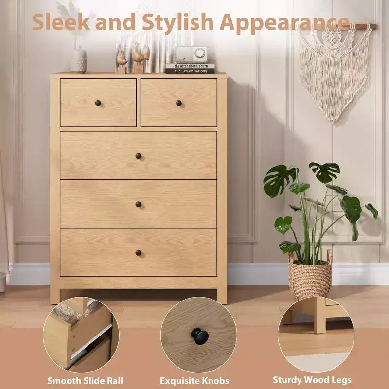 Commode en chêne naturel pour chambre à coucher, commode à 5 tiroirs profonds, commode double moderne en bois pour chambre d'enfant, entrée, couloir