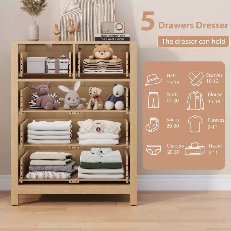 Commode en chêne naturel pour chambre à coucher, commode à 5 tiroirs profonds, commode double moderne en bois pour chambre d'enfant, entrée, couloir