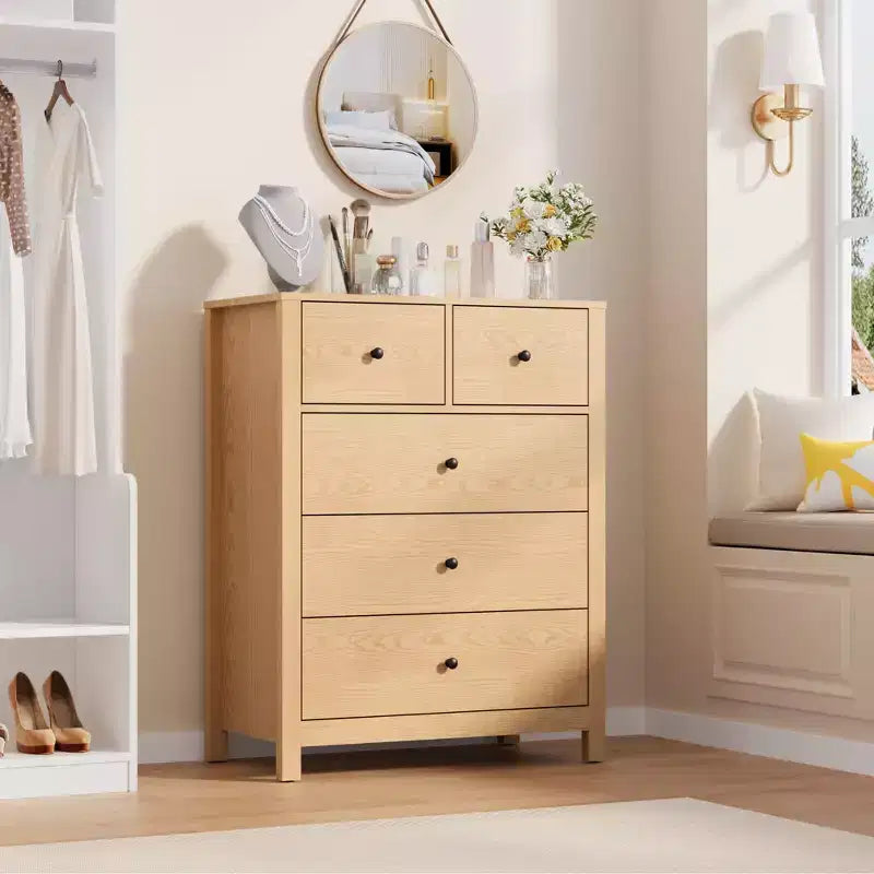 Commode en chêne naturel pour chambre à coucher, commode à 5 tiroirs profonds, commode double moderne en bois pour chambre d'enfant, entrée, couloir