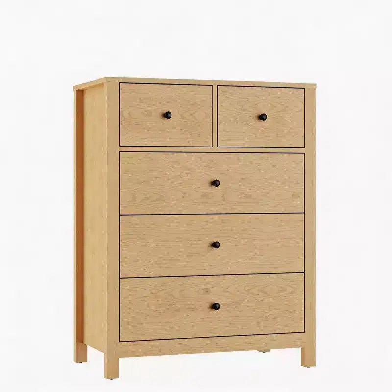 Commode en chêne naturel pour chambre à coucher, commode à 5 tiroirs profonds, commode double moderne en bois pour chambre d'enfant, entrée, couloir