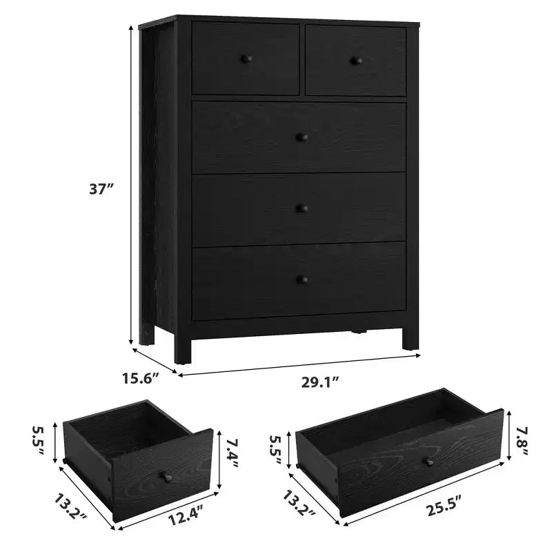 Commode en chêne naturel pour chambre à coucher, commode à 5 tiroirs profonds, commode double moderne en bois pour chambre d'enfant, entrée, couloir