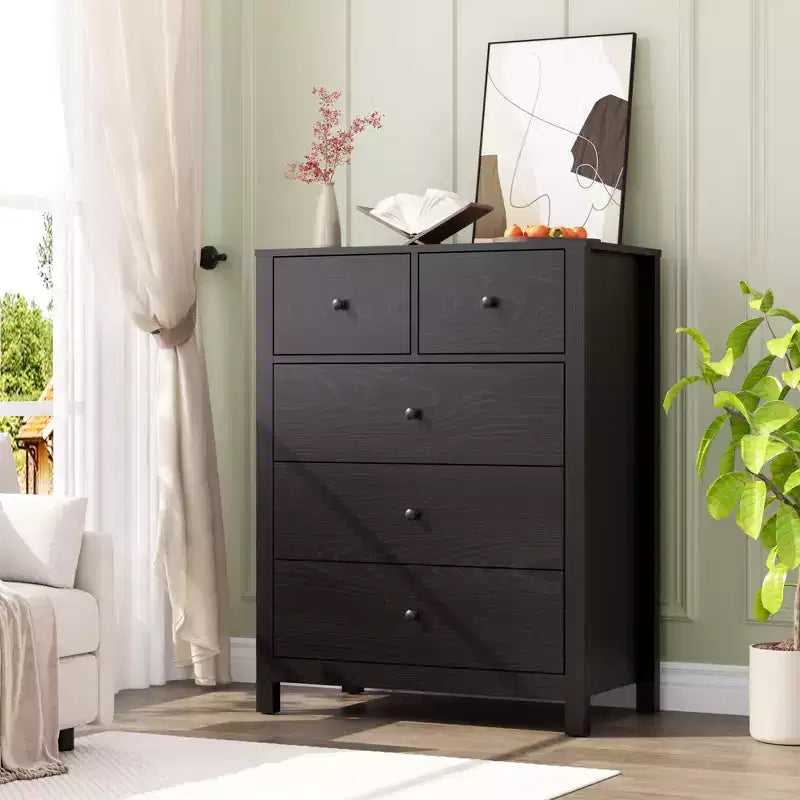 Commode en chêne naturel pour chambre à coucher, commode à 5 tiroirs profonds, commode double moderne en bois pour chambre d'enfant, entrée, couloir