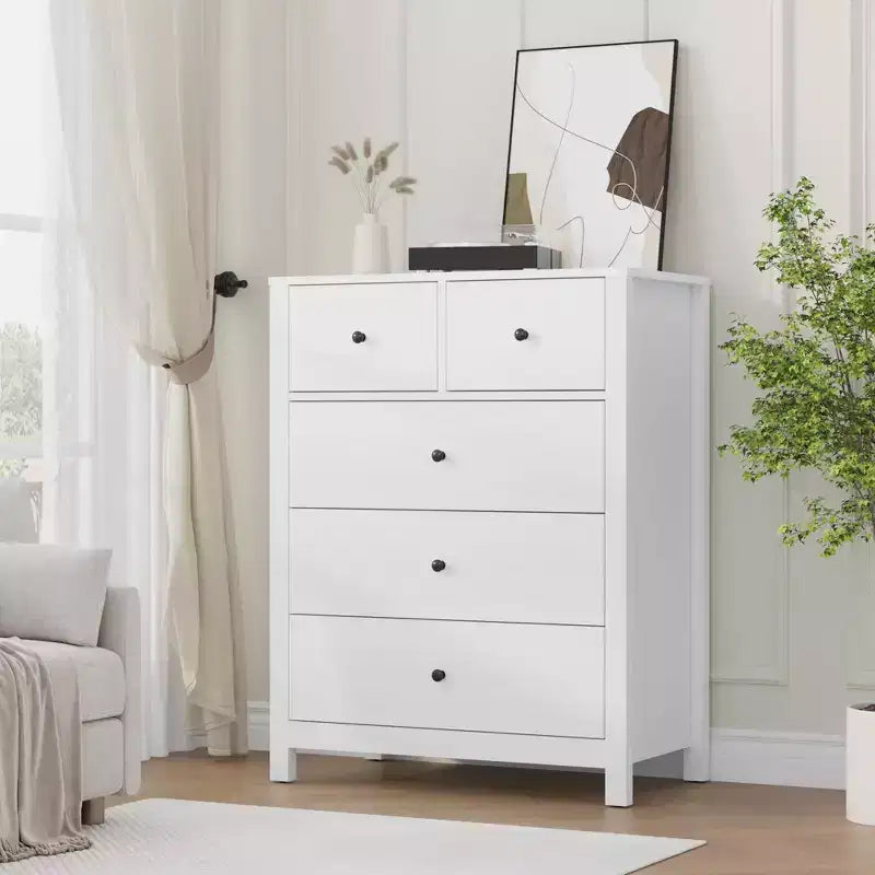 Commode en chêne naturel pour chambre à coucher, commode à 5 tiroirs profonds, commode double moderne en bois pour chambre d'enfant, entrée, couloir