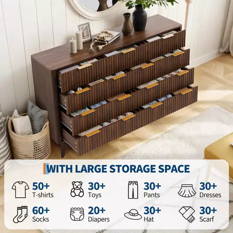 Commode cannelée à 9 tiroirs, chiffonnier en bois avec motif d'onde cannelé, commode de meuble TV moderne, pour chambre à coucher, salon, entrée
