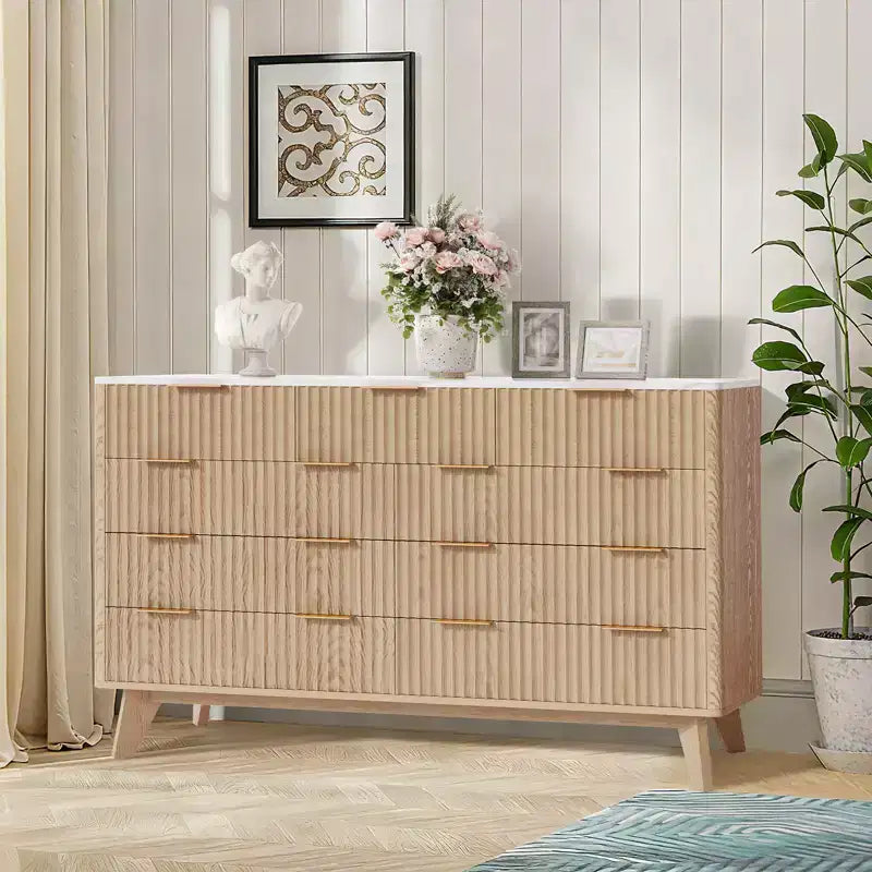 Fluted 9 Drawers Dresser, Wooden Chest of Drawers with Fluted Wave Pattern, Modern TV Stand Dresser, for Bedroom, Living Room, Entryway