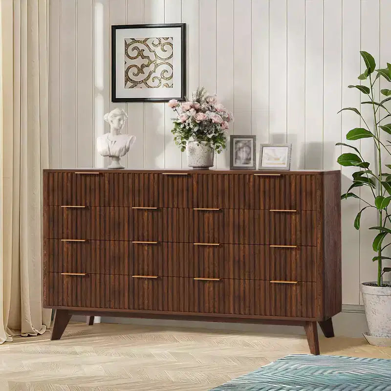 Commode cannelée à 9 tiroirs, chiffonnier en bois avec motif d'onde cannelé, commode de meuble TV moderne, pour chambre à coucher, salon, entrée