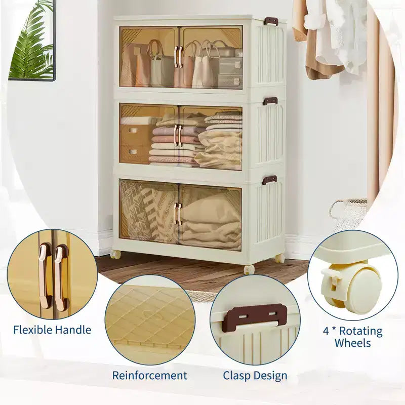 Bac de rangement empilable compact en plastique avec couvercle, tiroir de rangement pliable, portes magnétiques, pour la maison, le bureau