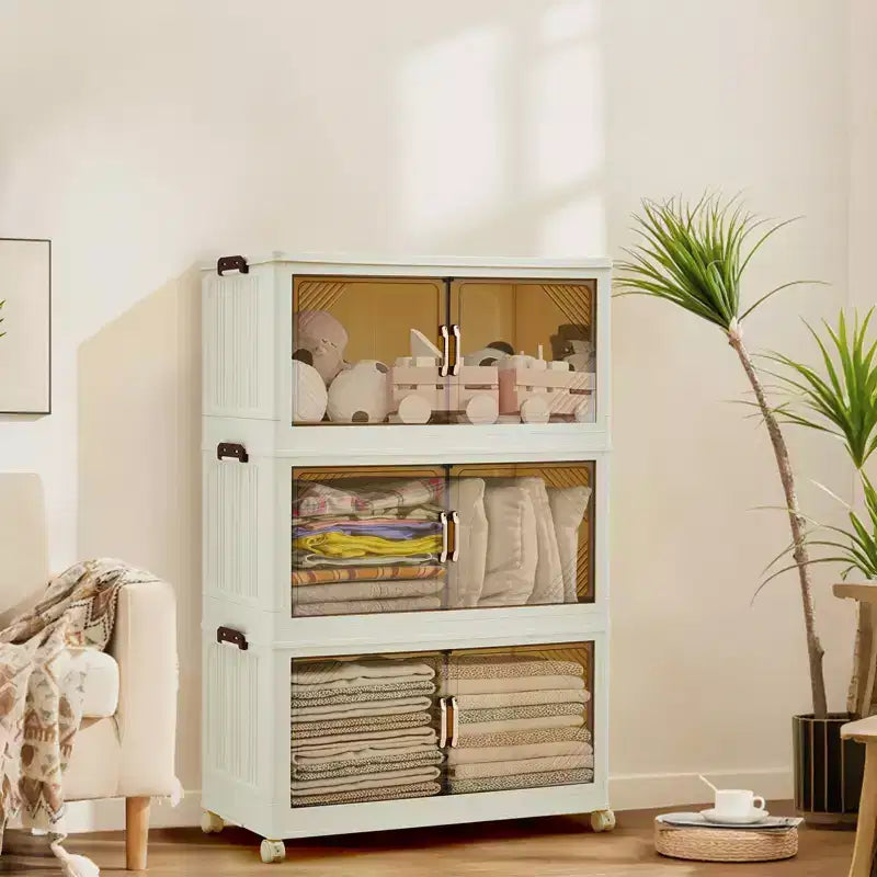 Bac de rangement empilable compact en plastique avec couvercle, tiroir de rangement pliable, portes magnétiques, pour la maison, le bureau