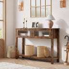 Console étroite rustique à 2 niveaux en bois avec deux tiroirs en verre et étagère de rangement ouverte, table d'appoint de canapé pour entrée, couloir, salon