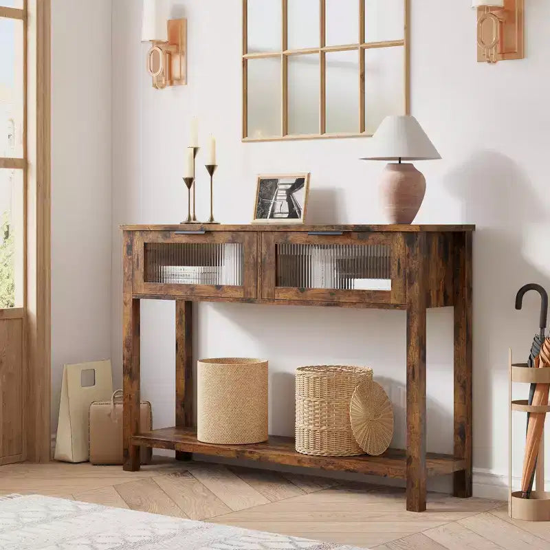 Console étroite rustique à 2 niveaux en bois avec deux tiroirs en verre et étagère de rangement ouverte, table d'appoint de canapé pour entrée, couloir, salon