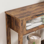 Console étroite rustique à 2 niveaux en bois avec deux tiroirs en verre et étagère de rangement ouverte, table d'appoint de canapé pour entrée, couloir, salon