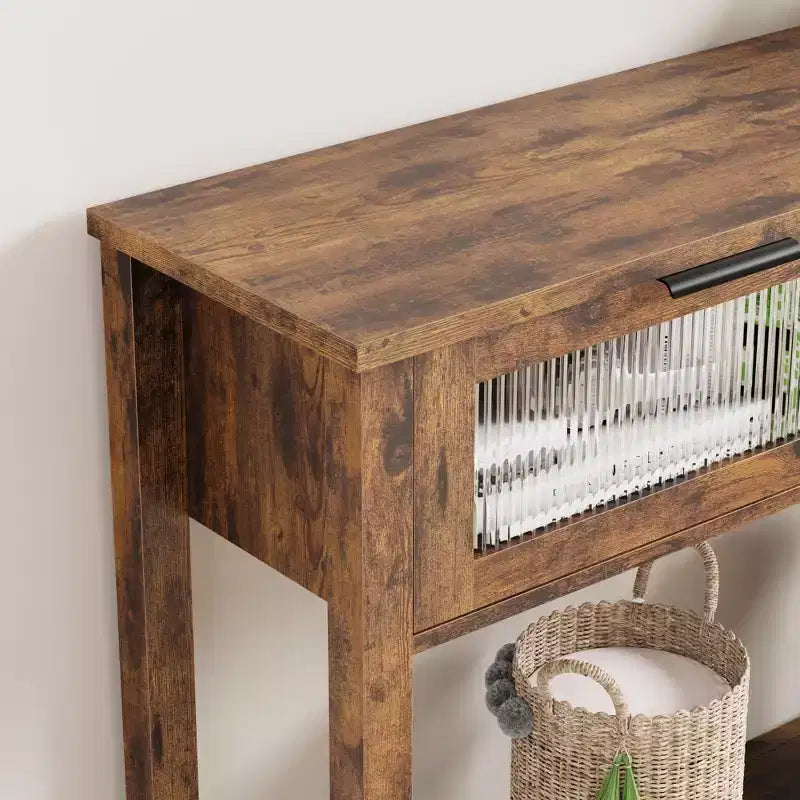 Console étroite rustique à 2 niveaux en bois avec deux tiroirs en verre et étagère de rangement ouverte, table d'appoint de canapé pour entrée, couloir, salon