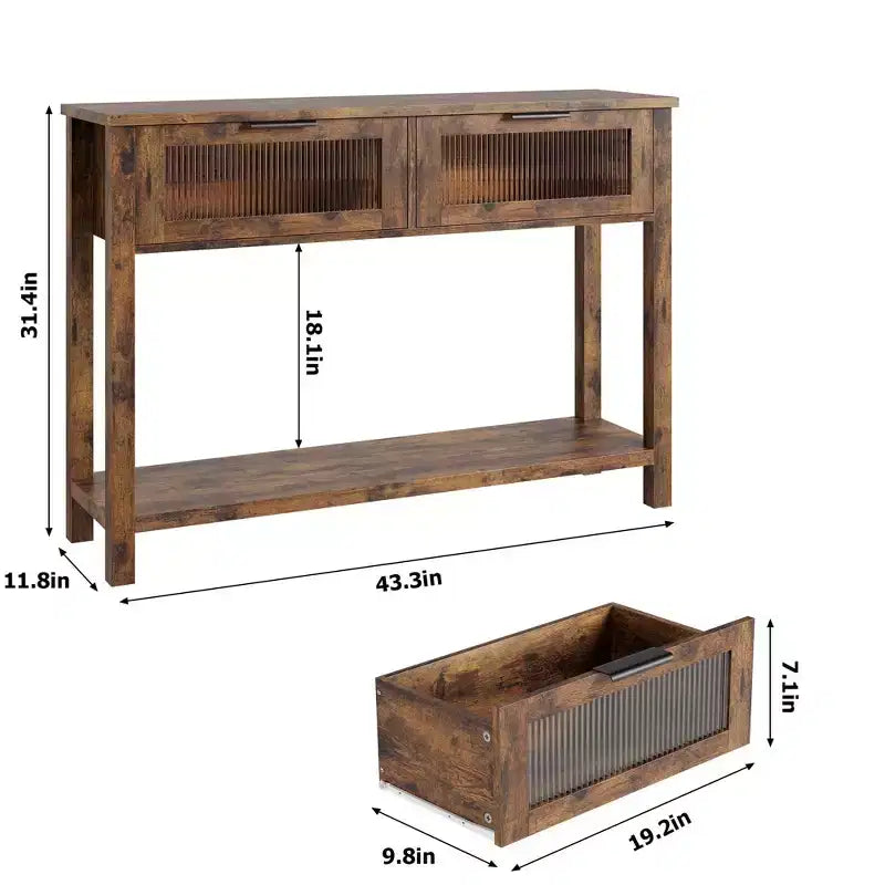 Console étroite rustique à 2 niveaux en bois avec deux tiroirs en verre et étagère de rangement ouverte, table d'appoint de canapé pour entrée, couloir, salon