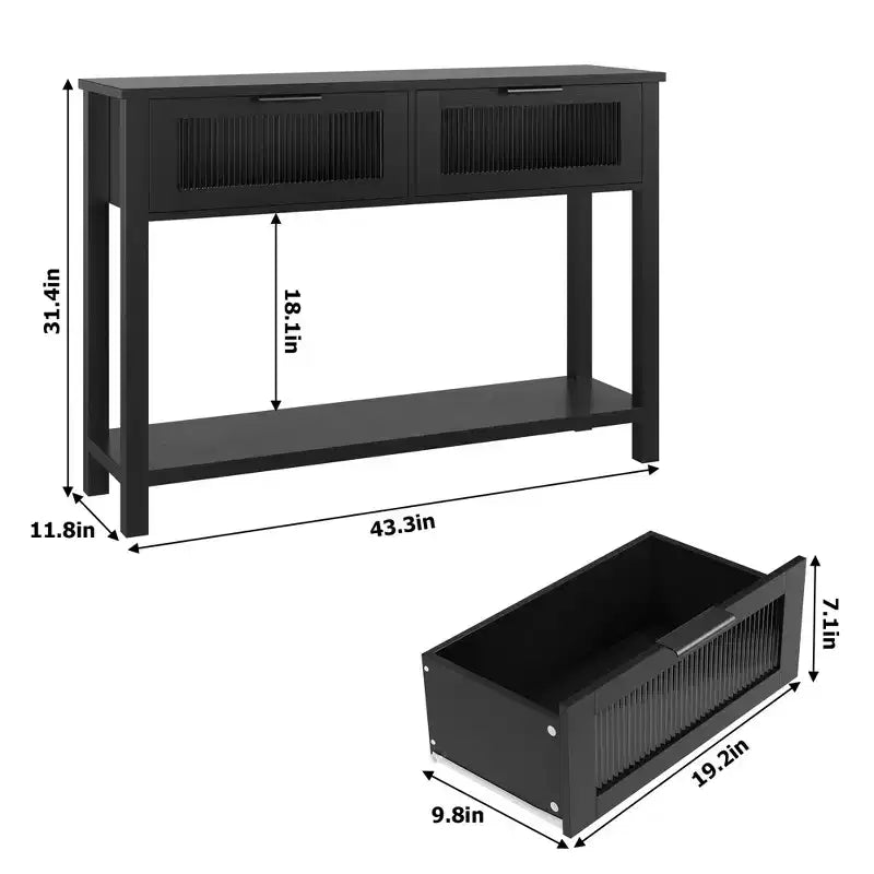 Console étroite rustique à 2 niveaux en bois avec deux tiroirs en verre et étagère de rangement ouverte, table d'appoint de canapé pour entrée, couloir, salon