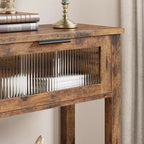 Console étroite rustique à 2 niveaux en bois avec deux tiroirs en verre et étagère de rangement ouverte, table d'appoint de canapé pour entrée, couloir, salon